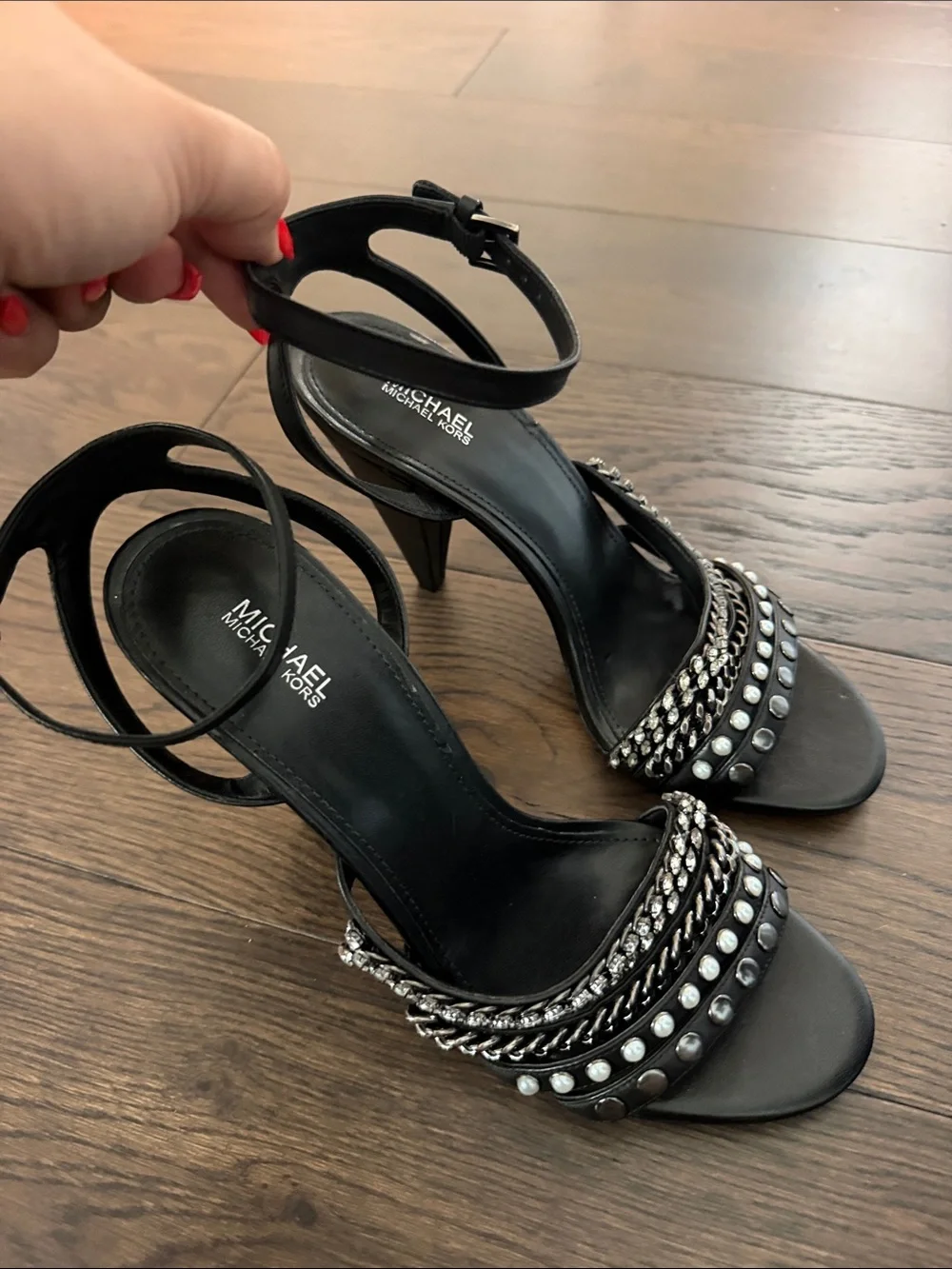 Michael Kors Kimmy Black Studded & Chain Ankle-Strap Heels